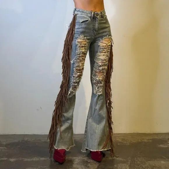 Bell Bottom High Waisted Jeans with Fringes S - Picture 5 of 8